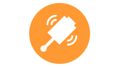 Oranžen krog z belo ikono radijske glave za meritve med procesom v industrijski avtomatizaciji