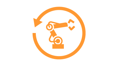 Oranžna ikona industrijskega robota v krožni puščici