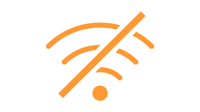 Oranžna ikona s črticami brezžične povezave, ki jih seka diagonalna linija.